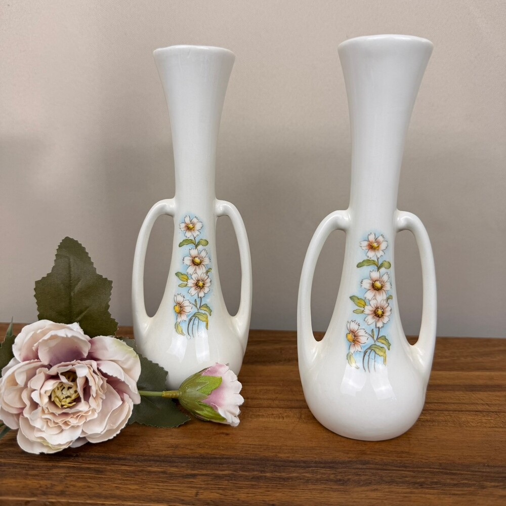 Vintage Rita Studio Pair of White Ceramic Double Handled Vases Floral Pattern